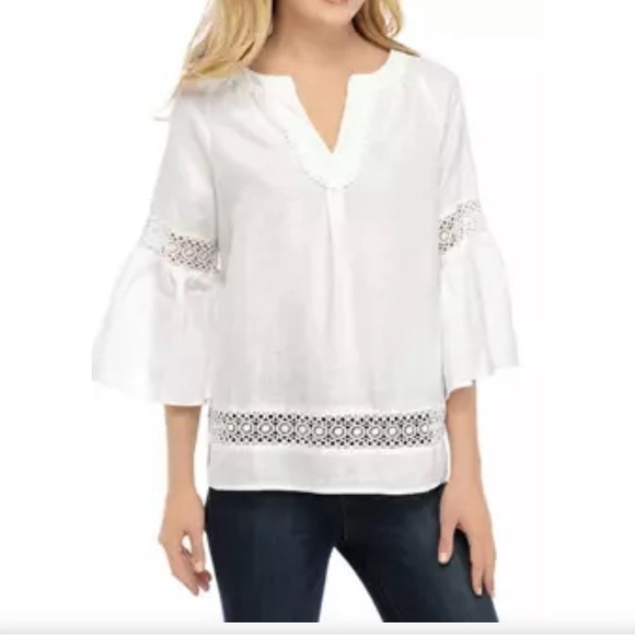 Crown & Ivy Peasant Blouse White Linen Crochet Women’s Size Small Popover - Picture 1 of 13
